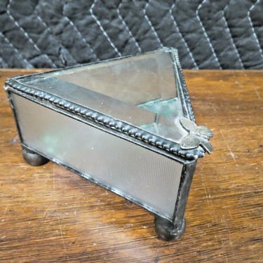 Vintage Glass Trinket Box Or Jewelry Box - Butterfly Accent, Hinged Beveled Top 