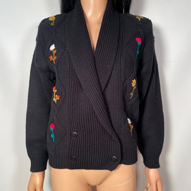 Vintage 80s Shawl Collar Embroidered Flowers Cardigan Size M 