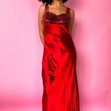 1990s Red Satin Maxi Dress, sz. S/M