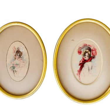 A pair of Gibson girl watercolor paintings, Oval gold framed portrait paintings 