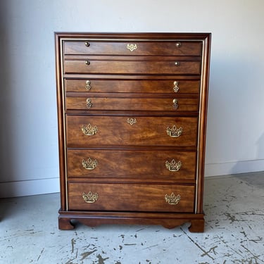 SOLD Vintage Tallboy Dresser Chest of 6 Drawers by Bassett - Wooden Chinoiserie Chippendale Asian American Style Bedroom Furniture 