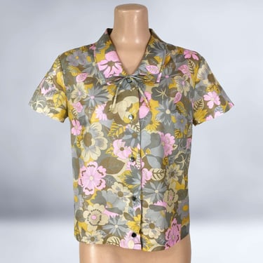 VINTAGE 60s Botanical Print Trevira Bow Tie Blouse Sz 42 XL Plus Size Volup | 1960s Double Collar Button Shirt | Vintage Separates | VFG 