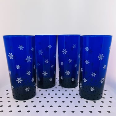 Set of 4 Libbey Celestial Snowflake Winter Cobalt Blue Collins Glasses Water Tumblers 