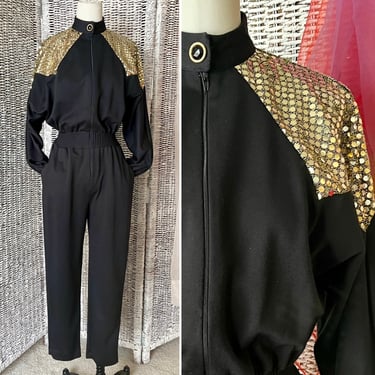 Vintage Jumpsuit, Gold Sequins, Romper Bodysuit, High Collar, Batwing, Pockets, 70s 80s Disco Era 