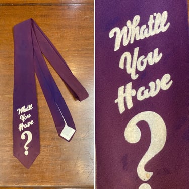 Vintage 1950’s Flocked “What’ll You Have?” Question Purple Neck Tie, 1950’s Tie, Vintage Tie, Question, Flocking, What’ll You Have?, VOH1012 