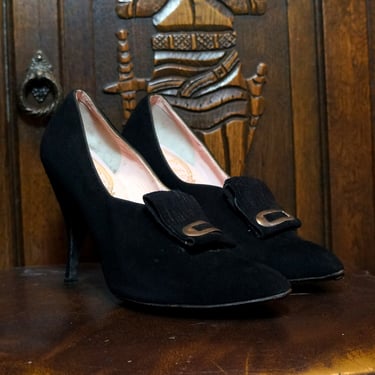 Black Suede Stilettos 5 B Narrow Designer Rao Koury HandMade Pilgrim Pumps 1950s  1960s High Heel Shoes Mr Herbert Couture Footwear New York 
