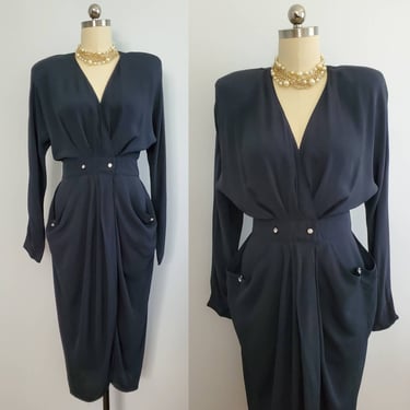 80s Does 40s Dress in Black with Large Rhinestone Buttons - 1980s Blake Adams Dress - 80s Joa Crawford Dress - 80s Women's Size Medium 