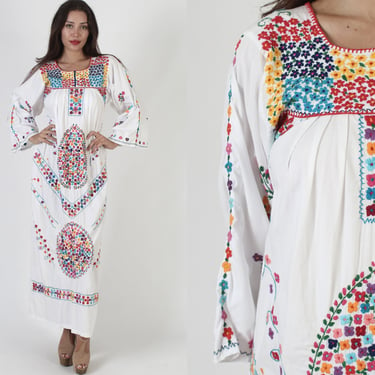 Heavily Embroidered White Cotton Mexican Maxi Dress With Large Bell Sleeves 