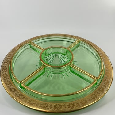Rare Uranium Depression Glass Sectioned Condiment Tray, Gold Flower Trim, Perfect For Entertaining, Six Pieces 
