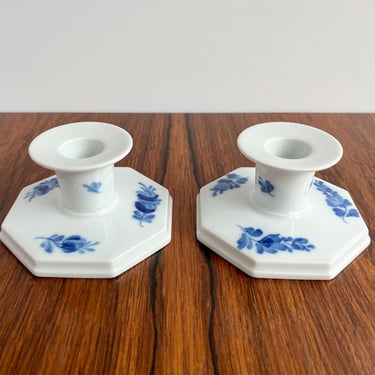 Pair of Danish Royal Copenhagen Porcelain Blue and White Floral Candleholders 
