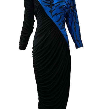 Casadei 80s Black and Blue Ruched Beaded Jersey Gown