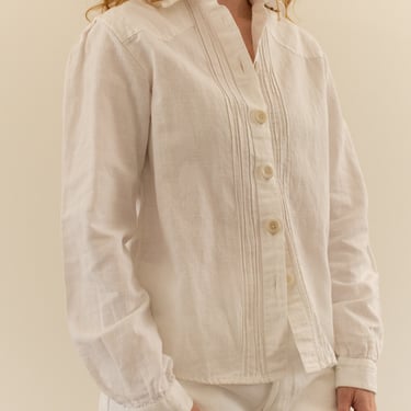 Vintage White Folk Blouse | Embroidered Linen Cotton Puff Sleeve Top | Romantic Shirt | XS | 