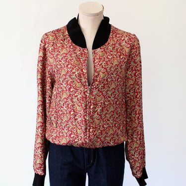 SALE - Vintage Agnes B. Crimson Red Paisley Silk Bomber Jacket with Knit Cuffs and Shawl Collar - Lightweight Multi Color Jacket - Medium 