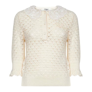 Chloé Women Ivory Knit Polo Shirt With Lace Collar