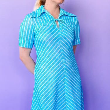 1970s Blue and White Stripe Shift Dress, sz. M/L