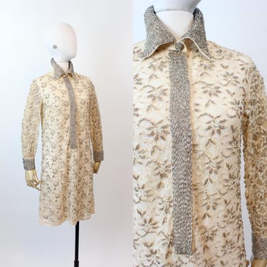 1960s VALENTINA beaded PEARL LACE shift dress xs | new fall winter 