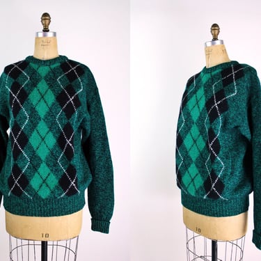 80s Green Argyle Oversized Sweater / Holiday Sweater / Wool Sweater / Ireland Sweater/ Unisex /Shetland Wool 