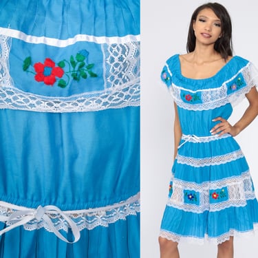 Mexican Peasant Dress Embroidered Off Shoulder Dress Midi Boho Lace Dress Sundress Blue Hippie Bohemian High Waist Vintage Small 