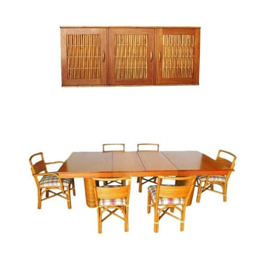 Restored Rattan & Mahogany Table/Chairs Dining Set with Sideboard 