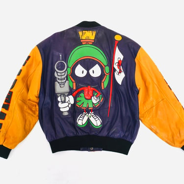 80s 90s Vintage Marvin the Martian Leather Jacket Comic Warner Brothers Looney Tunes Leather Bomber jacket Yellow Purple Large XL Pop Art 