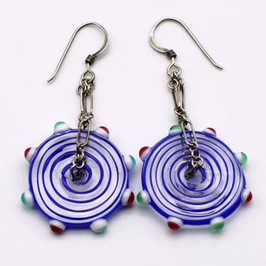 70's blue peppermint gumdrop edged glass 925 silver dangles, whimsical swirl candy sterling earrings 