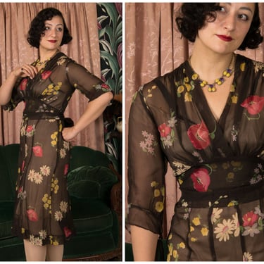 1930s Dress - Incredible Vintage 30s Ultra Sheer Brown Silk Chiffon Summer Dress in Vibrant Floral Print with Adjustable Sleeves 