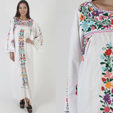 Bell Sleeve White Cotton Mexican Maxi Dress, Vintage Floral Embroidered Fiesta Gown, Colorful Chiapas Mexico Tourist Sundress 