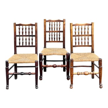 Antique 19th Century Rush Seat Lancashire Chairs - Set of 3 