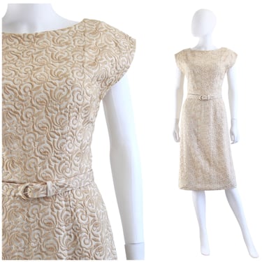 1950's Beige Embroidered Cocktail Wiggle Dress with Matching Belt - 50s Beige Wiggle Dress - 50s Wedding Dress - Cocktail Dress | Size Small 