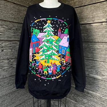 vintage ugly christmas sweatshirt artsy snowy village Christmas neighborhood sweater one size 