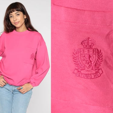 Pink Crest Sweatshirt 90s Sweatshirt Hot Pink Jumper Retro Top 1990s Pullover Plain Sweatshirt Crewneck Sweatshirt Preppy Large xl l 