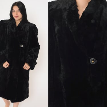 Faux Fur Coat Black 80s Fake Fur Button Up 1980s Furry Vegan Winter Vintage Glam Mid Length Coat Medium Large 