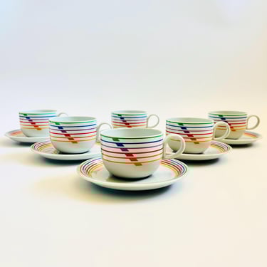 1980s Block Sextet Rainbow Mugs and Saucers - Set of 6 
