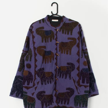 Vintage purple patchwork jacket with appliqué elephants - Large 