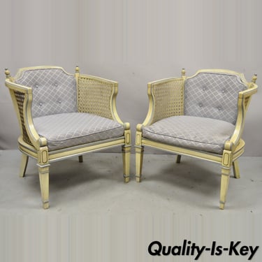 Vintage Hollywood Regency Cream Painted Cane Side Club Lounge Chairs - a Pair
