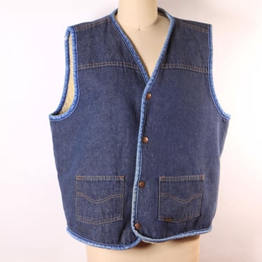 1970s 1970s Denim Metal Snap Faux Sherpa Lined Western Men’s Vest by Sears Roebucks-L 