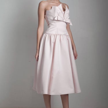 avant garde bow dress cocktail party prom origami vintage 80s pale pink strapless SMALL S 