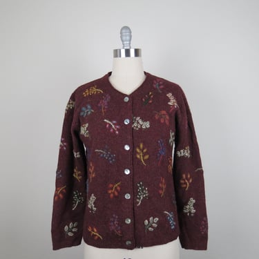 Vintage 1990s embroidered wool cardigan, burgundy, fall colors, dark academia, size medium 