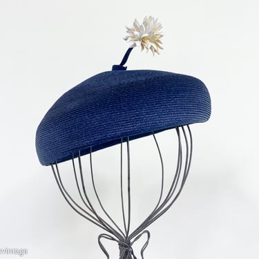 1950s Navy Woven Raffia Hat | 50s Navy Straw Hat & White Flower Hat | Evelyn Varon Exclusives 