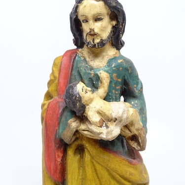 Antique Early 1900's Saint Joseph holding Christ Child Jesus, Glass Eyes, Hand Carved Polychrome Wood, Vintage Religious Statue 