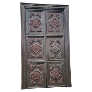 Large 8' Regency Multipaneled Crown Molding Bronze Covered Walnut Double Doors 