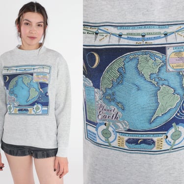 Planet Earth Sweatshirt 90s Conservation Sweater Moon Nature Ecology Graphic Shirt Environmentalism Heather Grey Retro Vintage 1990s Small S 
