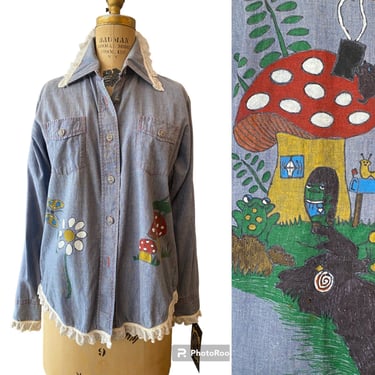 1960s hand painted shirt, chambray blouse, vintage 60s button up, mushroom and insects, bug novelty print, medium 