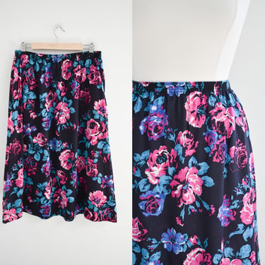 1980s Rose Print Midi Skirt 