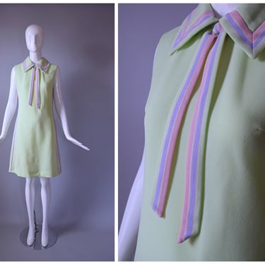 Vintage 1960s R&K Knits Light Green Textured Sleeveless Dress with pink and Purple Striped Collar and Neck Tie | old school 190s | size 