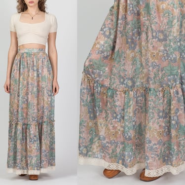 60s Pastel Floral Prairie Maxi Skirt - Small, 26.5
