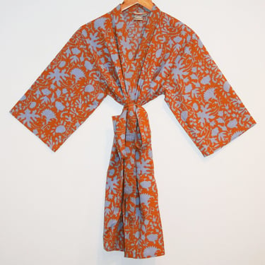 Block Print Cotton Kimono Robe, India Wood Block, Lightweight Cotton Bathrobe, Short Dressing Gown, Travel Robe, Orange Floral, Gift for Her 