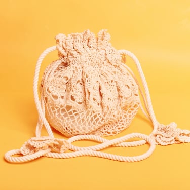 70s Cream Beige Crochet Boho Bag Vintage Crossbody Drawstring Hippie Purse 