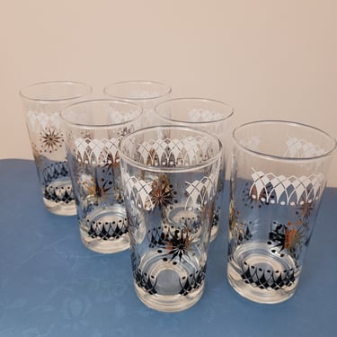 Vintage 1950's Glass Highball Glasses/ 60s Barware Cups Set of 6 