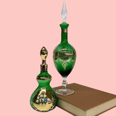Vintage Decanter Set Retro 1960s Hollywood Regency + Green and Gold + Hand Painted Glass + With Stoppers + Mid Century Barware = Home Decor 